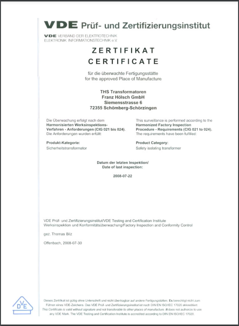 THS-Transformatoren Franz Hölsch GmbH | Zertifikat